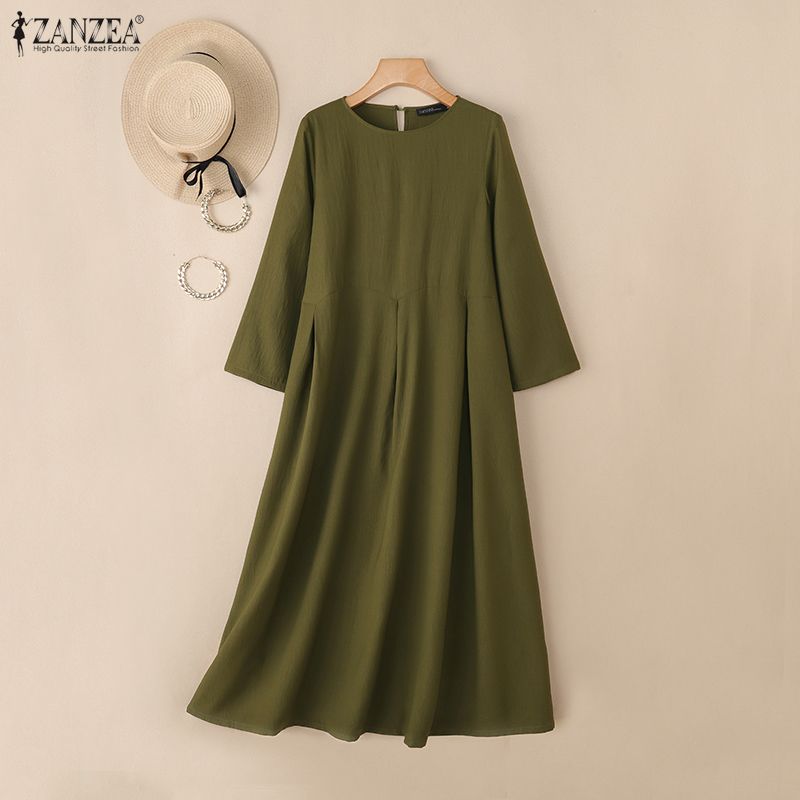 ZANZEA Damen Lässig Rundhals Achtelarm Locker Langes Kleid