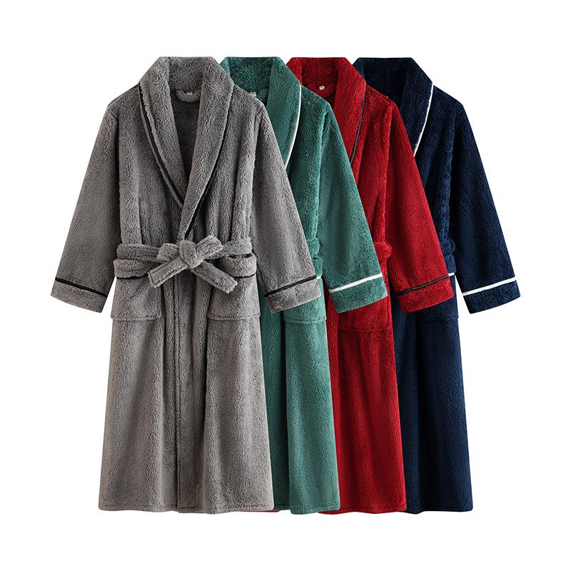 Men's Shawl Collar Robes Full Length Fleece Plush Bathrobes Soft Spa House Coat with Pockets Fluffy Spa Robes Unisex Winter Cozy Warm Spa Long Robe
