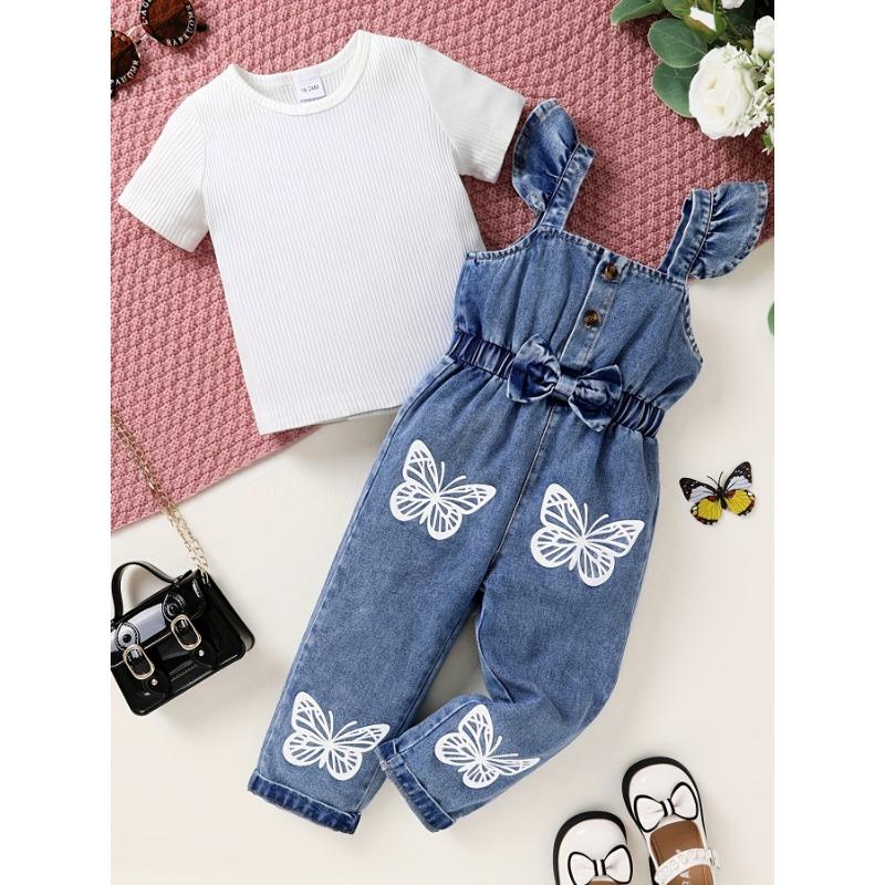 2pcs Set Of Elegant, Sweet, And Cute Little Girl'S Neat Color Pit Stripe T-shirt And Butterfly Print Ruffled Denim Jumpsuit Suitable