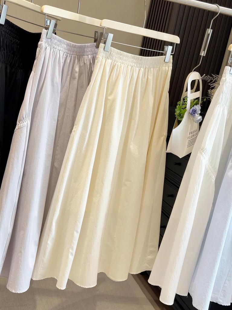 2026 Summer Tencel Cotton A-line Bowknot Skirt: Elastic Waist, Pleated, Mid-Length, Versatile, Women's Thin Fit