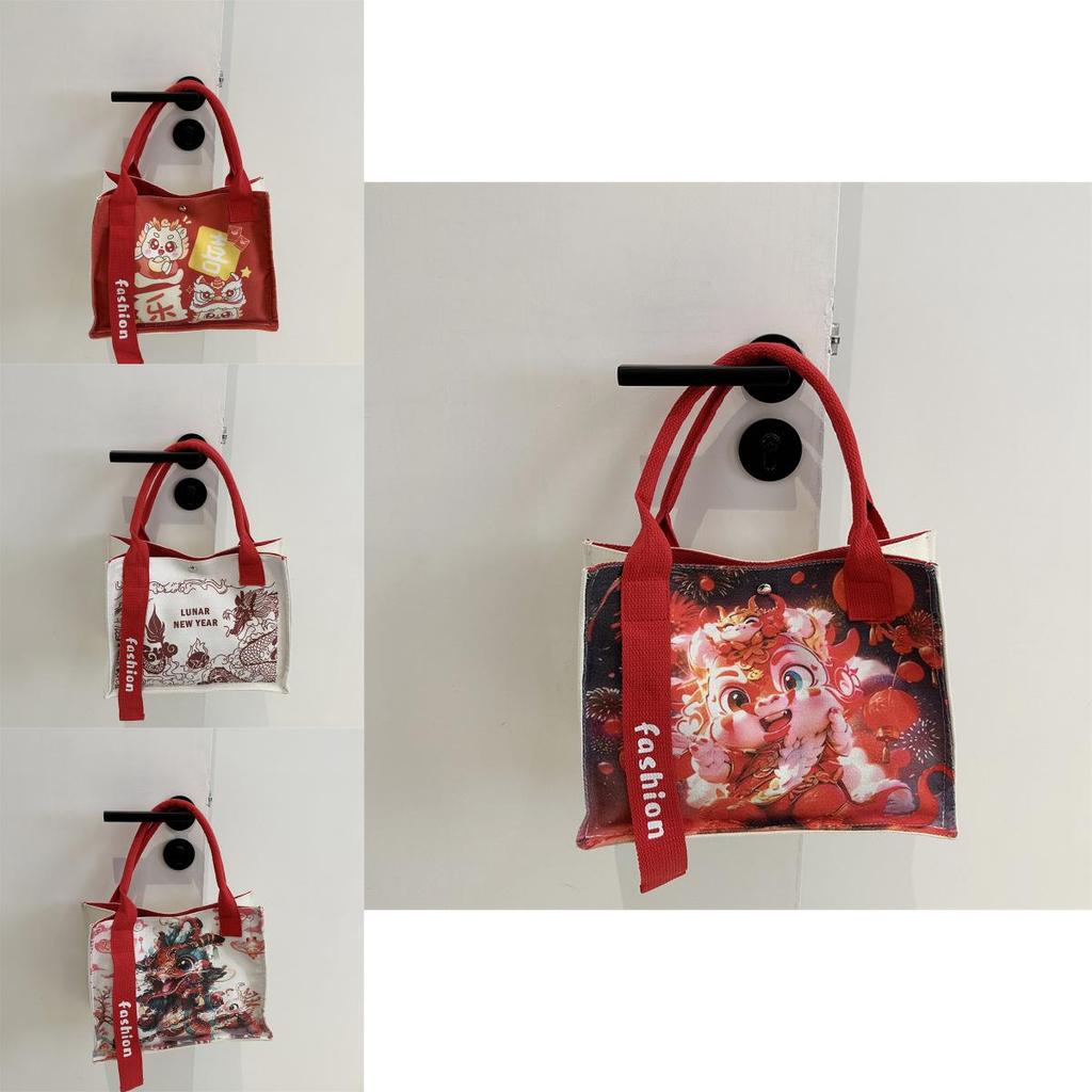 2024 Dragon Year Gift Bag Canvas Bag Commuter Tote Bag National Style Large Capacity Casual Tote Bag Underarm Bag