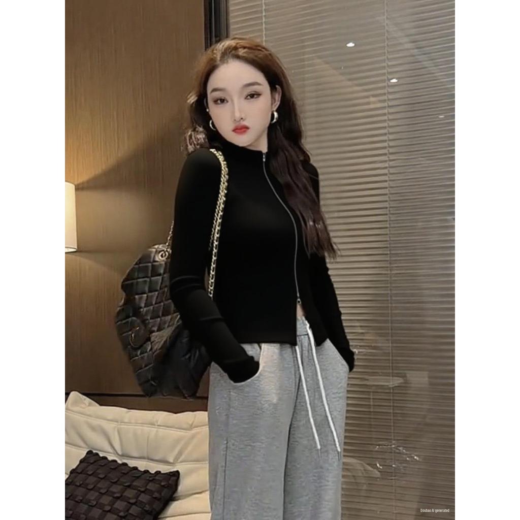 Korean Design Double Zipper Long Sleeve Women's Slim Base Layer Top - 2025 Autumn/Winter Arrival