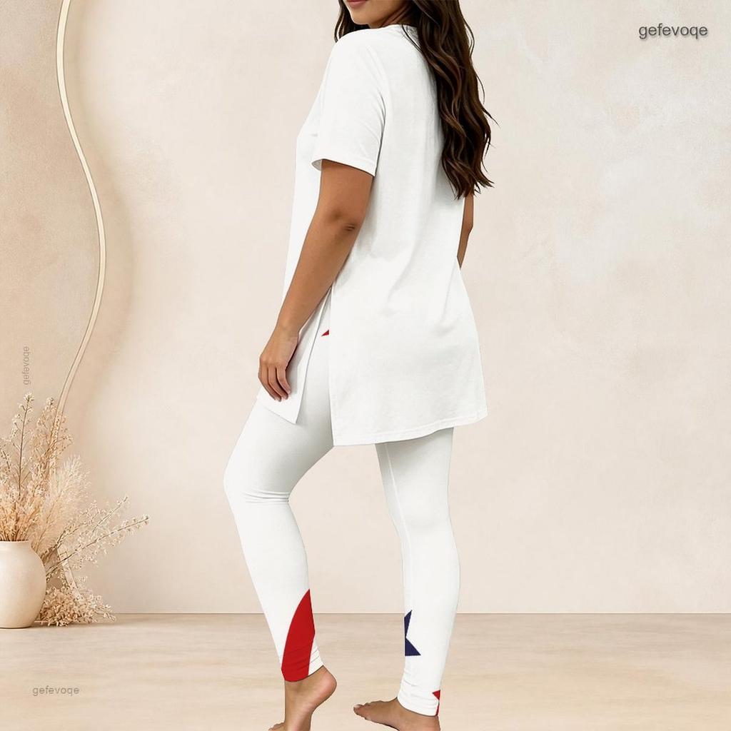 Women Plus Size Two Piece Set Round Neck Short Sleeve Star Stripe Printed Long Top Fitted Pants