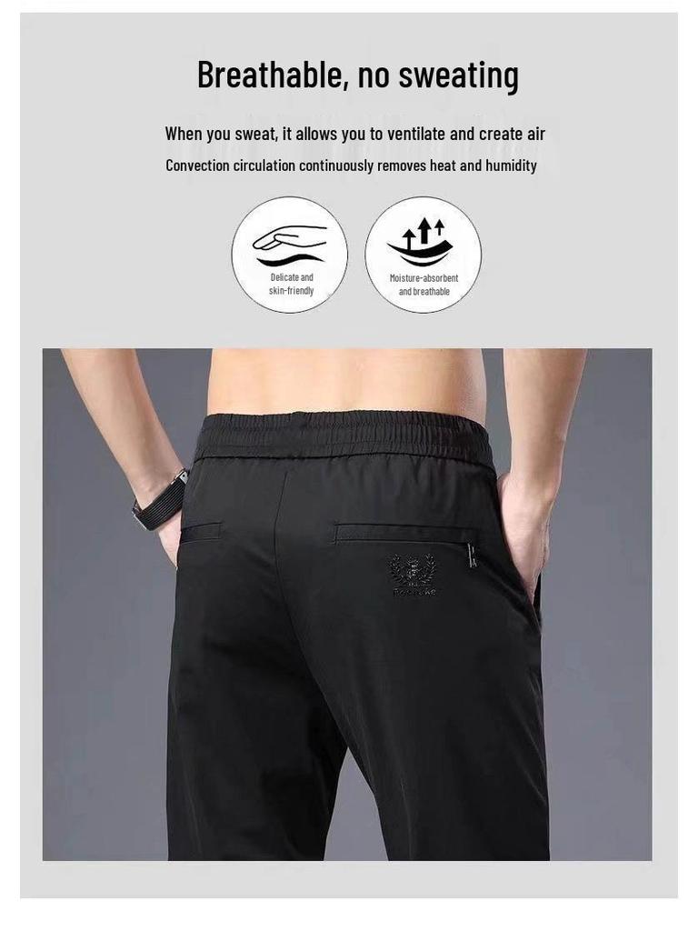 Men's Summer Ice Silk Embroidered Casual Sports Pants - Loose Fit, Trendy, All-Match, Straight, Large Size