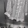 Spring 2026 Women's Black & White Polka Dot Lace Button-Down Shirt - Slim Fit, Versatile, Sweet Patchwork Design