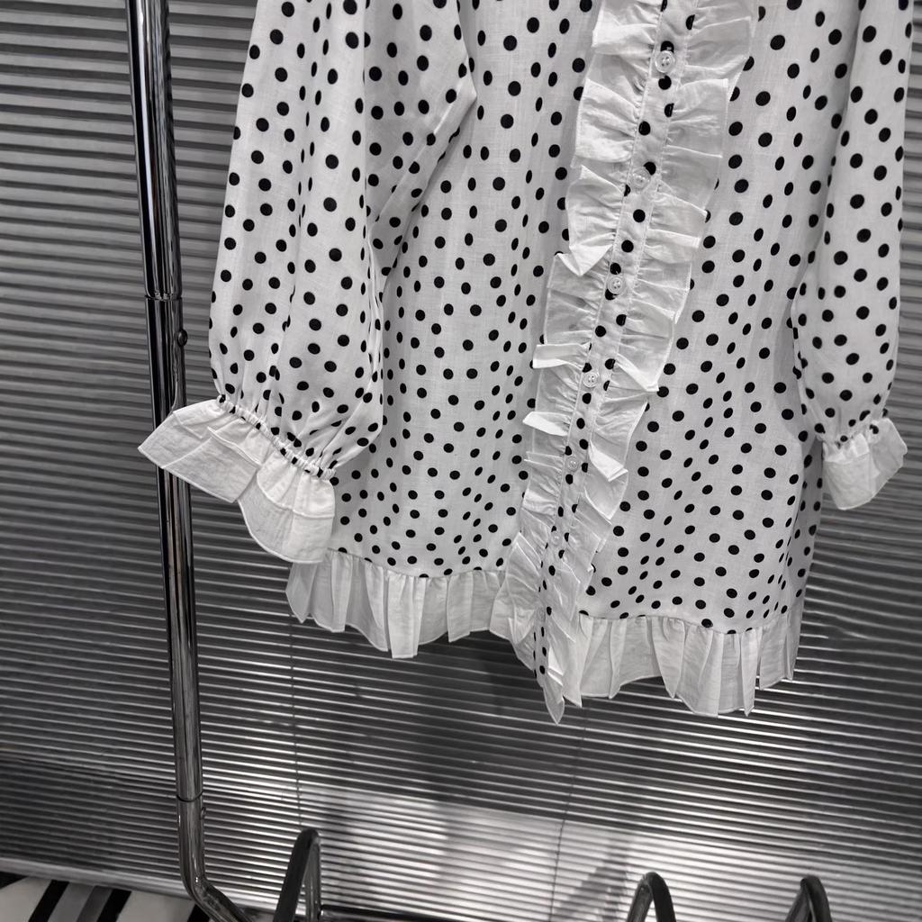 Spring 2026 Women's Black & White Polka Dot Lace Button-Down Shirt - Slim Fit, Versatile, Sweet Patchwork Design