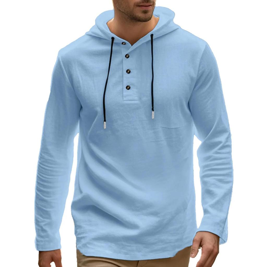 T-shirt con cappuccio da uomo Primavera Estate Lino tinta unita Casual Bottoni Manica lunga Sottile T-shirt Uomo