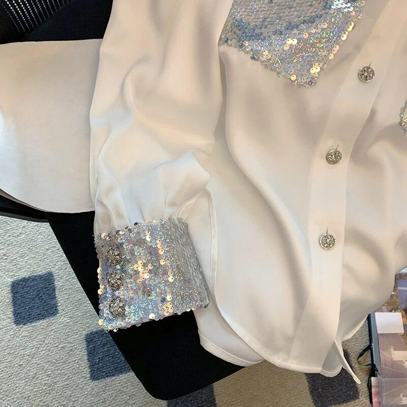 Weißes Hemd mit französischen Spleißen und Pailletten, modische und elegante Langarmbluse für Damen, neue Blusas mit High-End-Feeling
