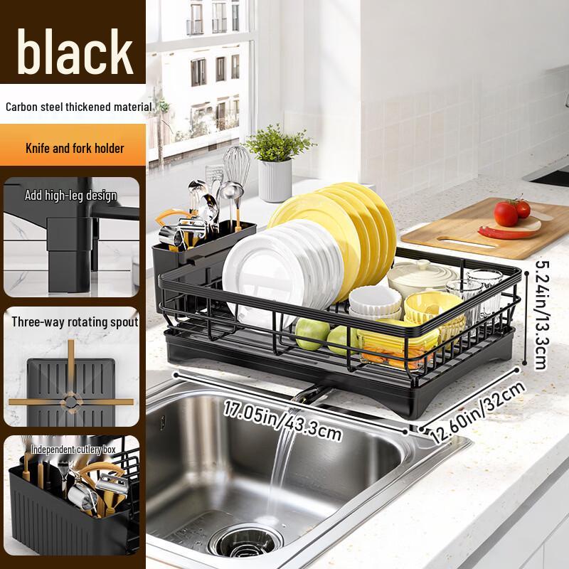 Brangdy Carbon Steel Kitchen Dish Drying Rack with Cutlery Holder