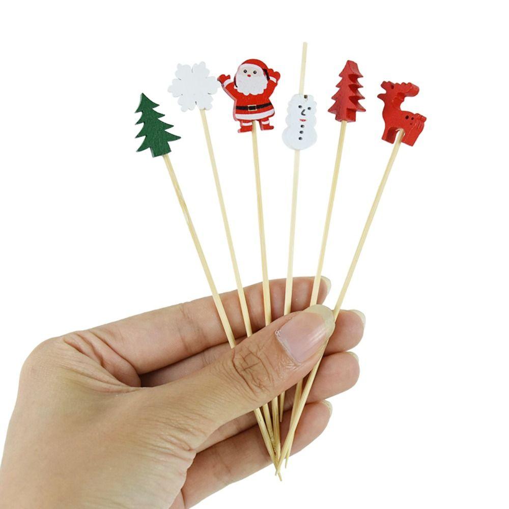 50/100Pcs Disposable Christmas Fruit Picks Santa Claus Fruit Salad Bamboo Sticks  Dessert