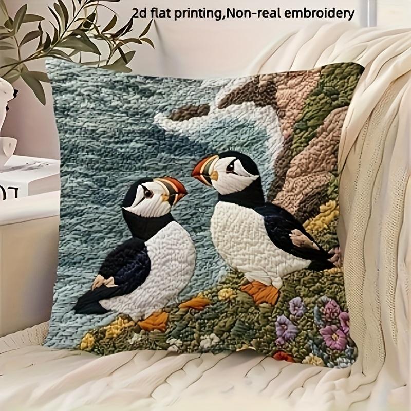Exquisite Ornaments Unisex Double Sided 2D Effect Puffin Pillow Cover Cute Atlantic Sea Bird Print Soft Throw Pillow Case For Home Decor