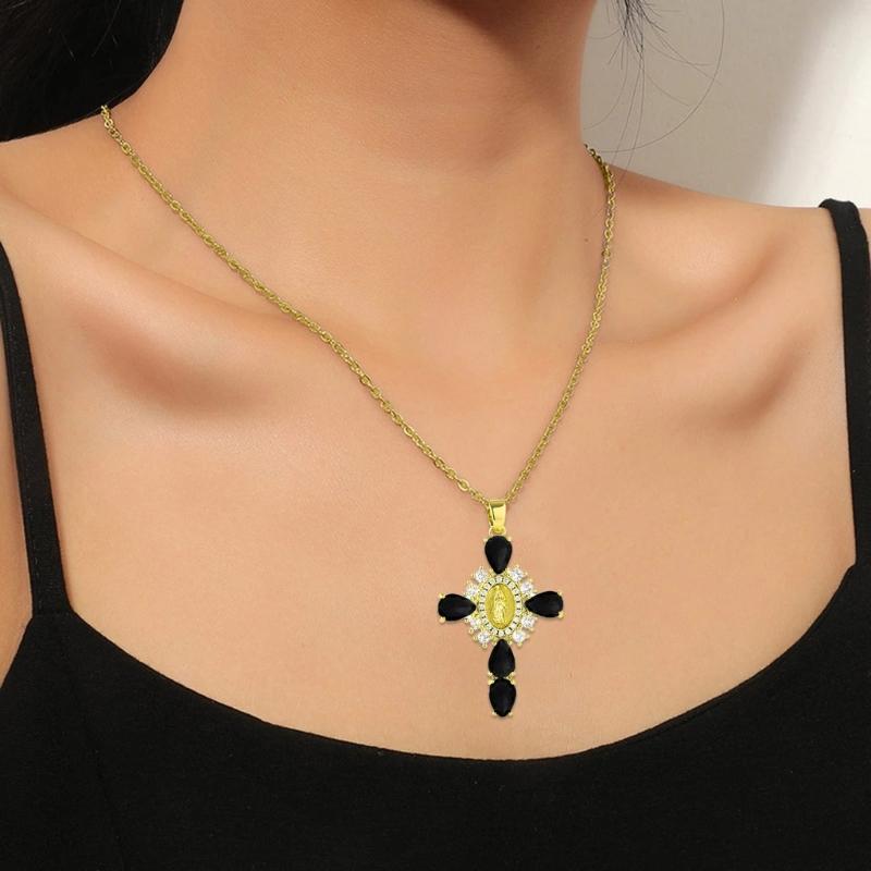 Crucifix Pendant Necklace Unique Cross Maria Charm Clavicle Chain Adjustable Choker Ethnic Style Jewelry Accessory