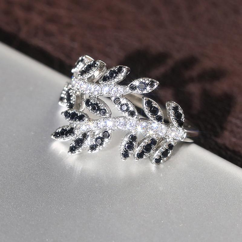 Retro Black Leaf Cubic Zirconia Ring for Women Personality  Sterling Silver Rings Plant Party Modern