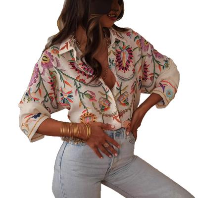 European and American Women's Clothing 1116 Spring and Summer New Loose Long-sleeved Digital Printing Shirt Top New Women's Clothing