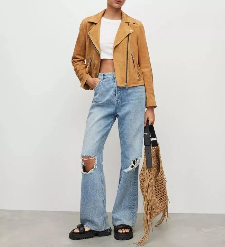 Damen Wildlederjacke in Hellbraun, handgefertigt, stylisches Biker-Motorrad-Design, lässig