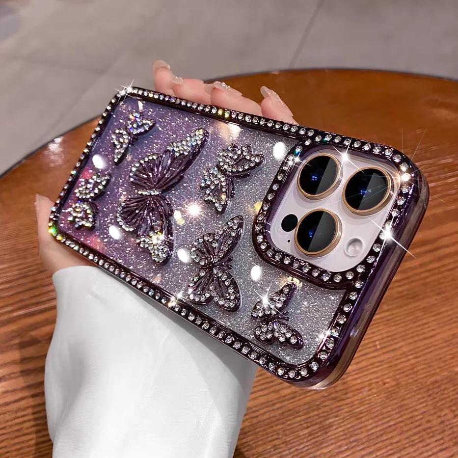 Glitter 3D Butterfly Shiny Case For iPhone 17 16 15 14 13 12 11 Pro Max Diamond Bling Sparkly Rhinestone Girls Pink Cute Cover