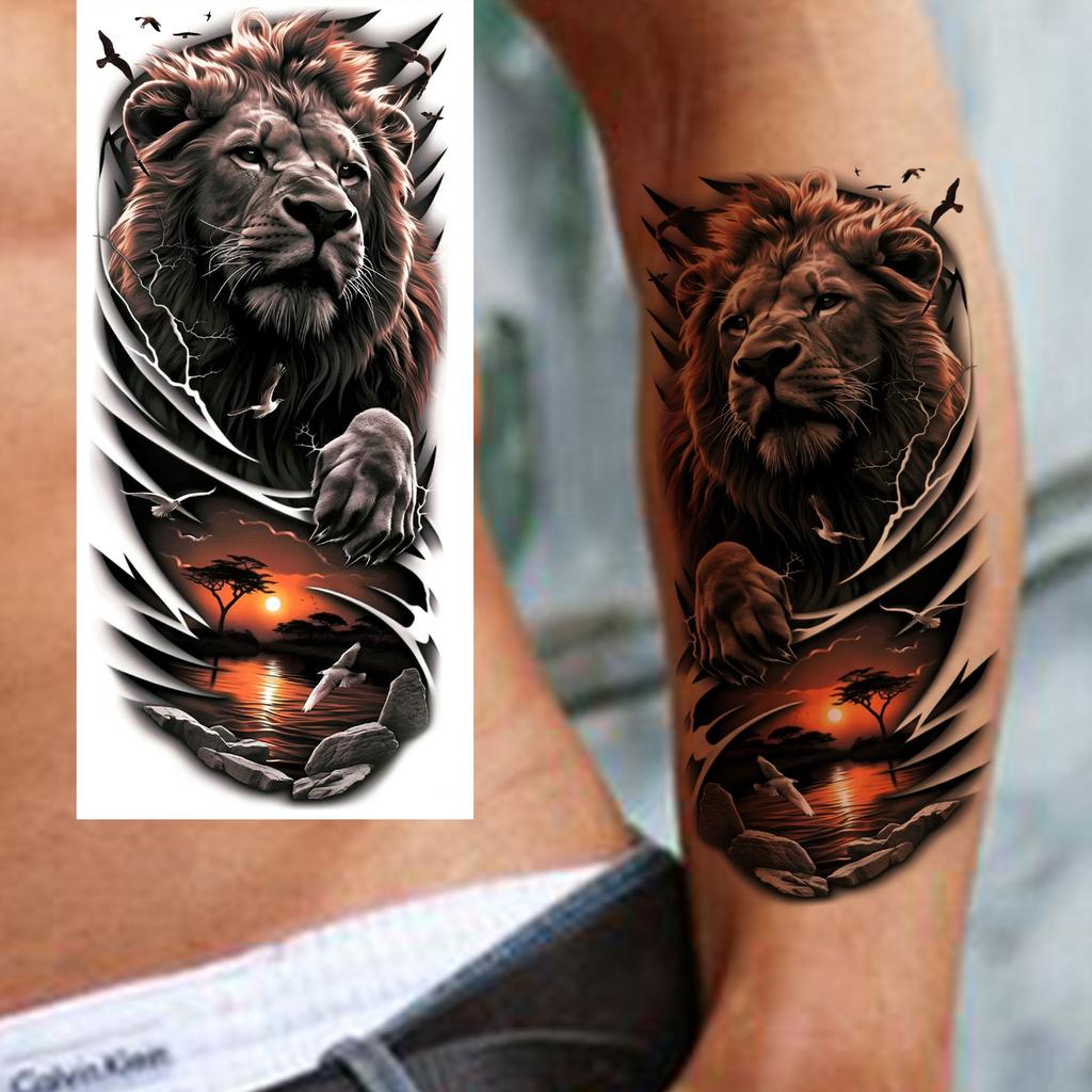 1 Sheet Watercolor Wolf Lion Pirate Ship Tiger Eagle Temporary Tattoos For Men Adults Water Transfer Fake Temp Tattoo Body Art