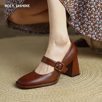 2024 Nowe Oryginalne Skórzane Buty Damskie Solidne Kwadratowe Obcasy Wysokie Obcasy Buty Mary Jane Wygodne Płytkie Damskie Czółenka Obcasy Damskie
