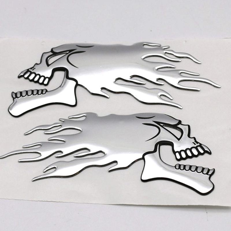 2Pcs/Pair 14*6cm Car Decoration Stickers,Helmet Shaped Decoration,Silver Fire Skull Stickers,Car Decoration Accessories