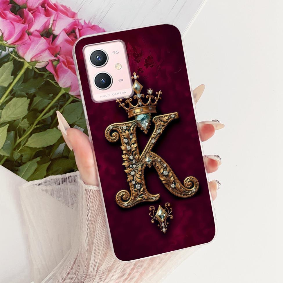 For Vivo Y33s 5G Case Cover Transparent Luxury Crown A-Z Letters 2D Flat Pattern Soft Phone Case For Vivo V2166A
