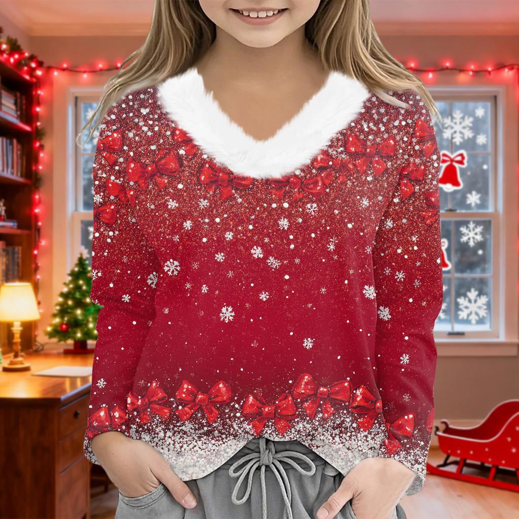 Christmas Day Girls Long Sleeve T Shirts Kids Girls' V-Neck Tee Christmas Print Long Sleeve Top