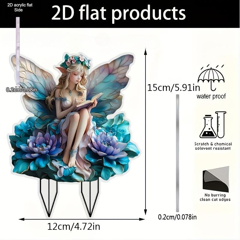 2D Flat Acrylic Blue Fairy Garden Stake Wooden Sign, Outdoor Gardens and Potted Landscapes Signs, Suitable for wall decoration, porch, room, villa, a