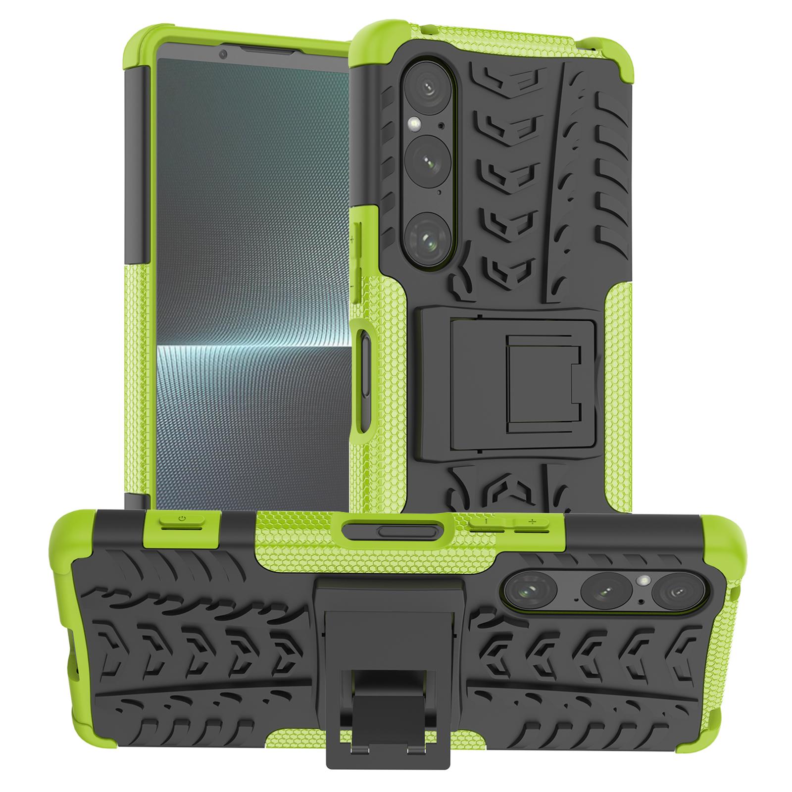 

For Sony Xperia 1 V Drop Proof Tyre Pattern PC+TPU Phone Case Kickstand Phone Cover Green