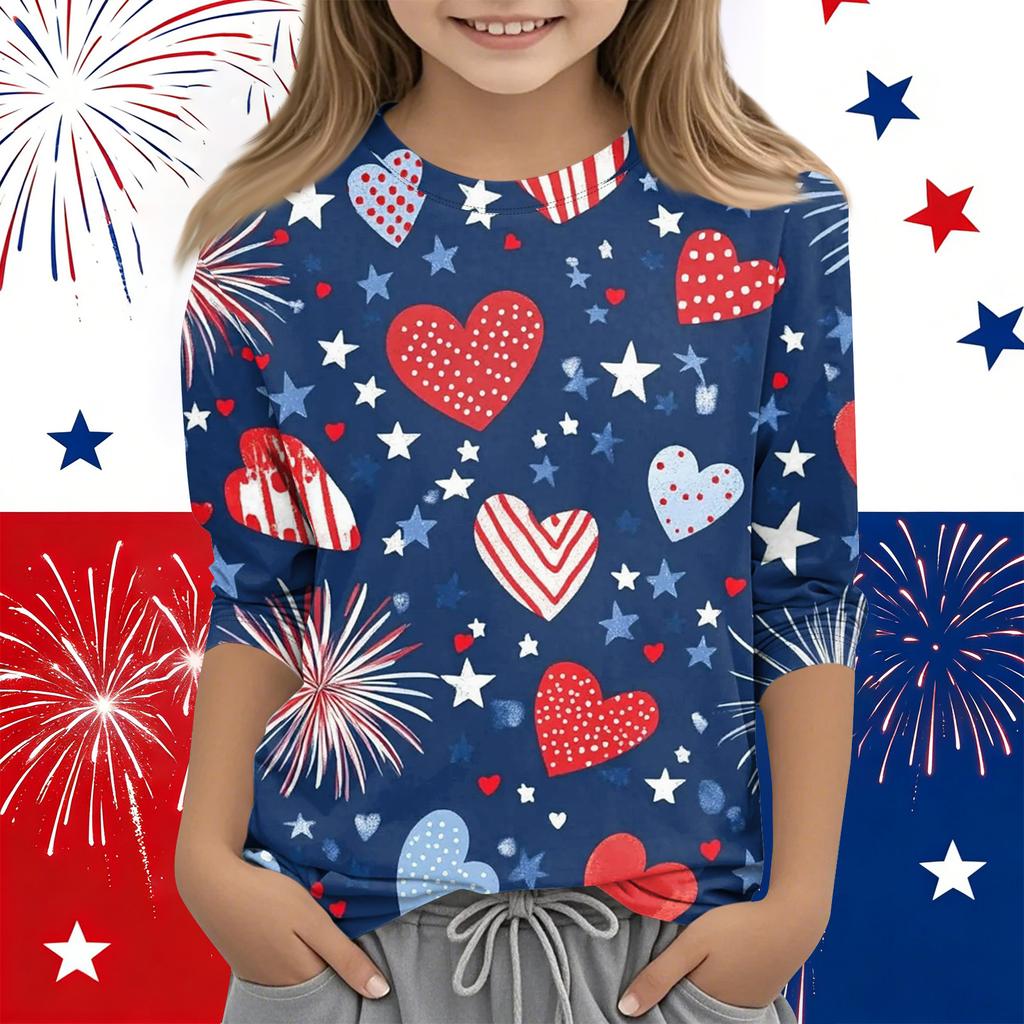 Print Tops For Youth Girls Round Neck 3/4 Sleeves T-Shirts Trendy Tops Outfit Tees Independence Day