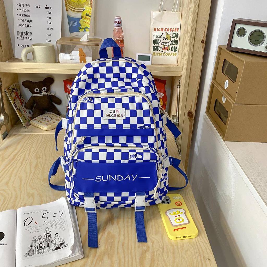 Girls' Korean Checkerboard Colorblock Lightweight Casual Backpack - Large Capacity for Middle & High School Students