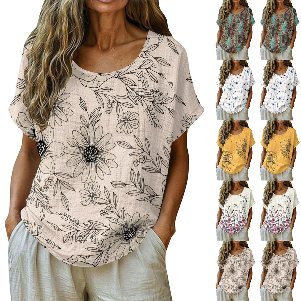 Damen Vintage Print Kurzarm Top - Rundhalsausschnitt, Baumwoll-Leinen-Stoff