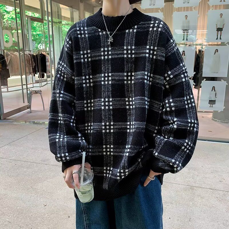 Herren Vintage Karomuster Gestrickte Pullover Kontrastfarben Locker Herbst Winter Lässig O-Ausschnitt Mode Langarm Pullover