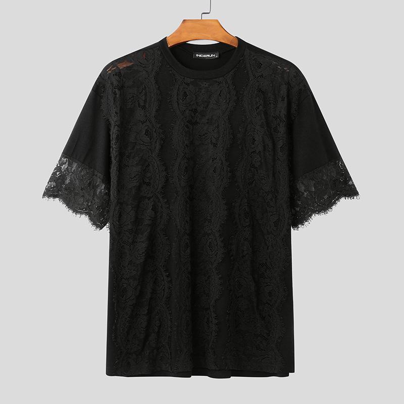 

INCERUN Summer Men Short Sleeve Lace Patchwork Loose See Through Beach T-shirts Tops M чёрный
