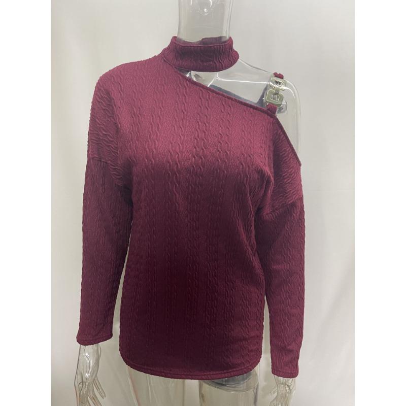 Autumn Winter Fashion Sexy Slanted Shoulder Chain Pullover Tops  Off Shoulder Long Sleeved Casual Simple Streetwear Blouse Knit Solid Turtleneck Shirt