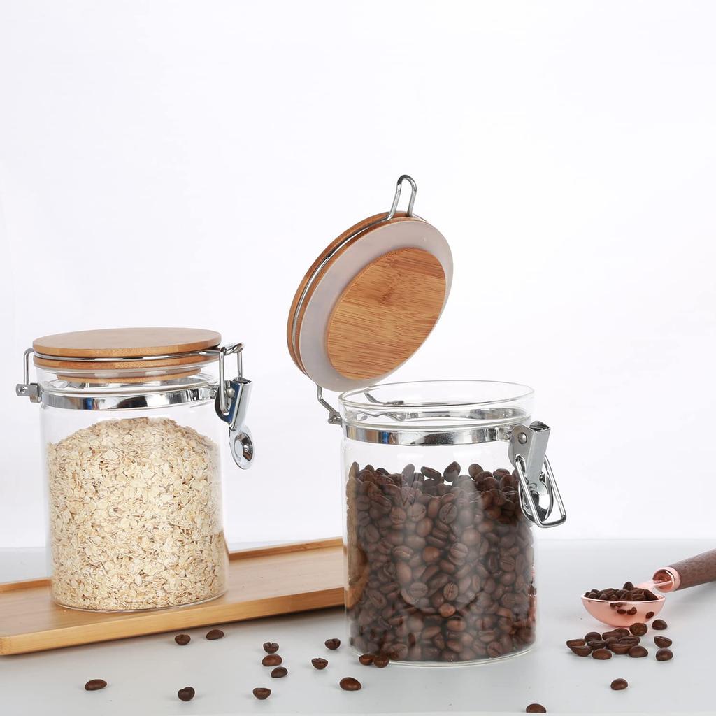 KKC Coffee Bean Storage Jar, 250g Coffee Beans, Powder, Sugar, Tea, Snow Peak Glass Canister, Airtight Storage Container, 800ml, Set of 2 + 1 Spoon