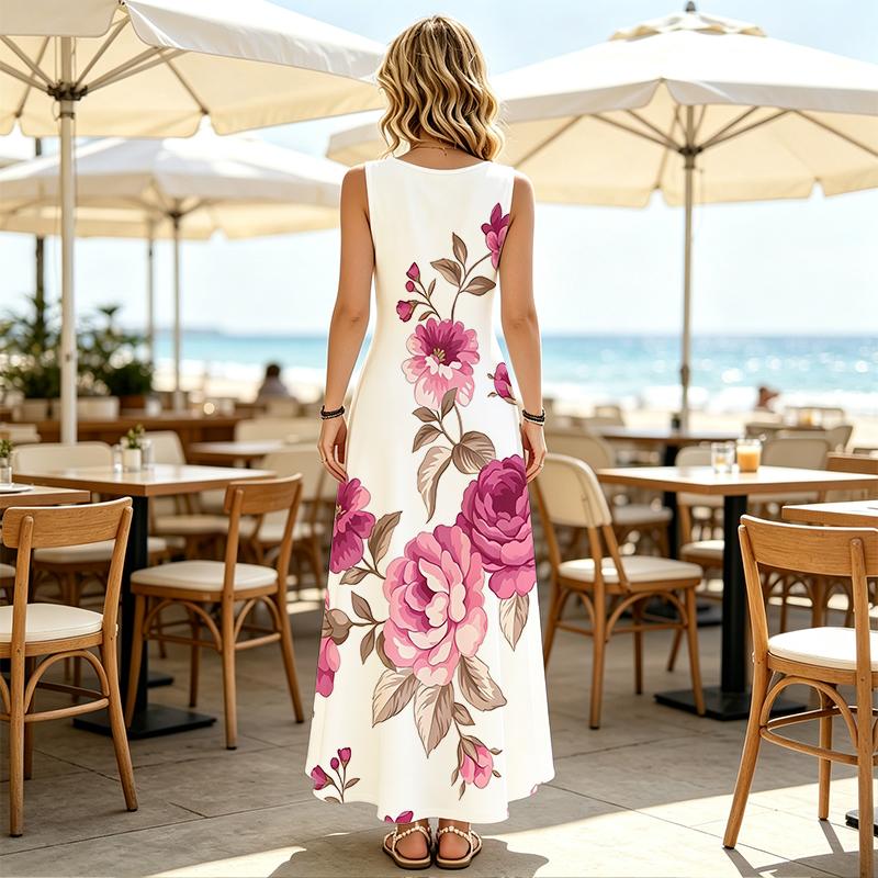 Women's Minimalist Sleeveless Loose Maxi Dress Elegant Floral,Comfortable,Versatile Summer Casual Vacation Outfit