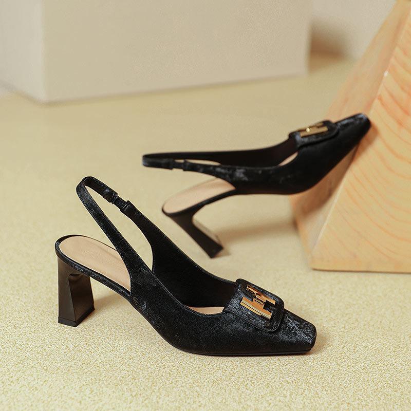 French Square Head Empty Single Shoes 2025 New Summer High-heeled Bag Head Sandals Women's Word with Thick Heels High Heels