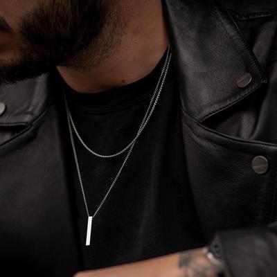 Vnox Colier cu bară verticală 3D pentru bărbați, pandantiv geometric stratificat din oțel inoxidabil, lanț cubanez din funie de grâu stratificată, guler pentru băieți