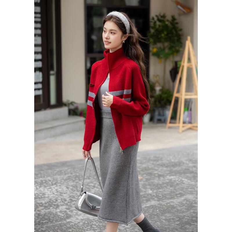 ITISF4 Women's Loose Striped Double-Zip Knit Sweater