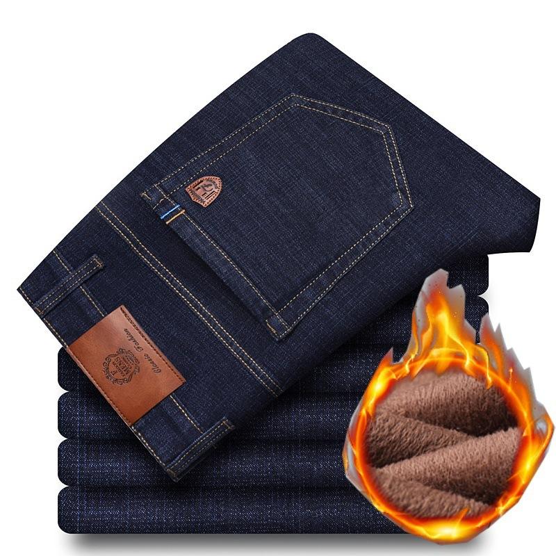 Fashion Padded Thickened Jeans Men's Autumn and Winter Models Loose Straight with Flannel Warm Men's Winter Trousers
