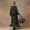 Damen V-Ausschnitt Langes Ballonärmeliges Blumenmuster Samt Maxikleid Lockere Taille Quasten Saum Vintage Boho Kleid
