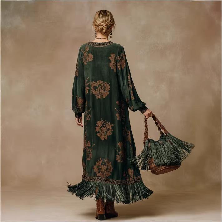 Damen V-Ausschnitt Langes Ballonärmeliges Blumenmuster Samt Maxikleid Lockere Taille Quasten Saum Vintage Boho Kleid