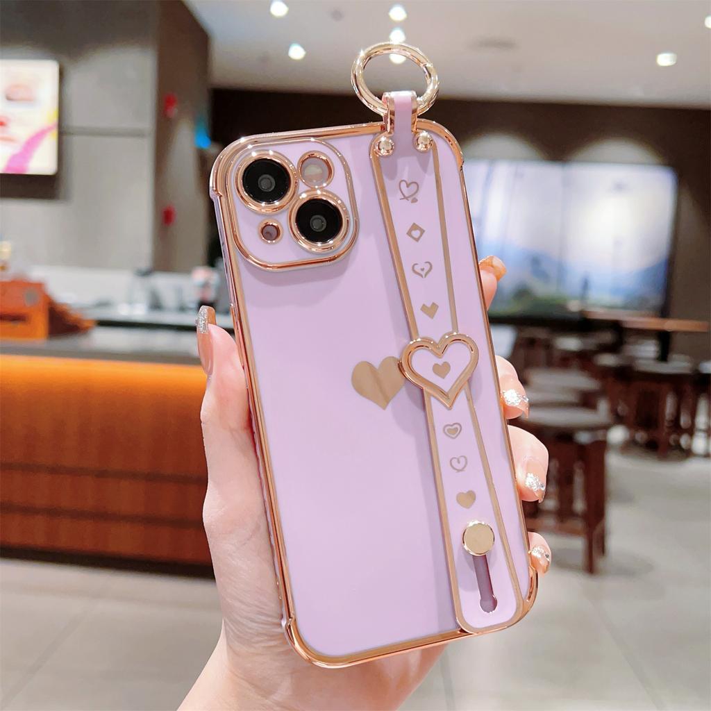For iPhone 13 Case Love Heart Pattern TPU Phone Cover Wristband Finger Holder