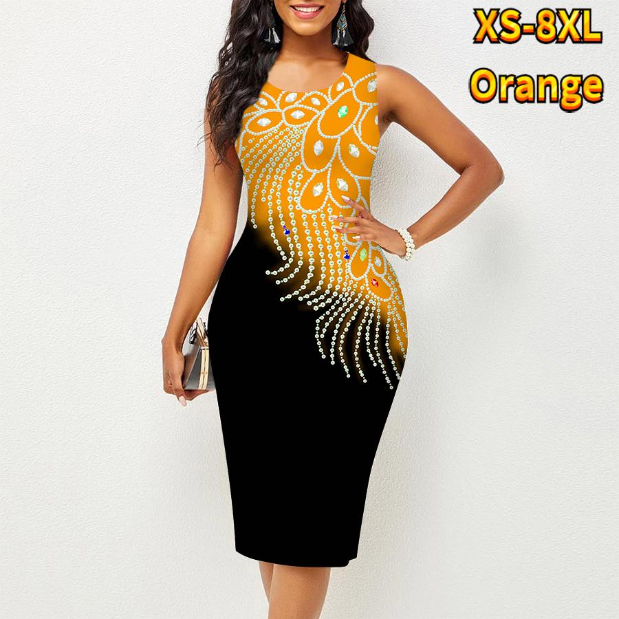

Женское платье Sling Summer Color Blocked Feathers Print Dresses Tight без рукавов Slim Fit Sexy Fashion Top Clothing 5XL оранжевый