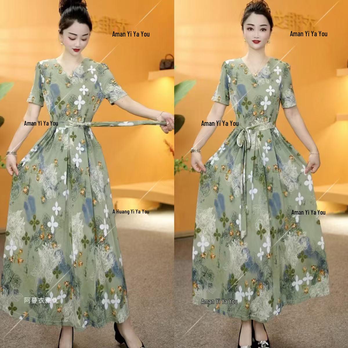 

2026 Elegant Chinese Style Summer Dress: Age-Reducing Slim Fit with Waist-Cinching Design. 5XL (Recommended 145-160 jin)