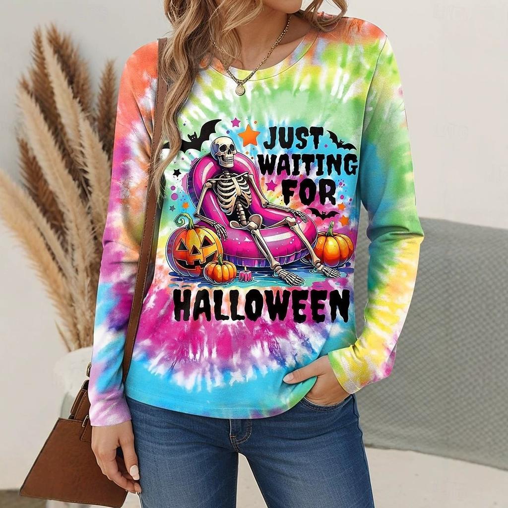Halloween Women's Long Sleeve T-Shirt Pumpkin Skull Pattern Retro Fashion Round Neck Regular Top Everyday Weekend