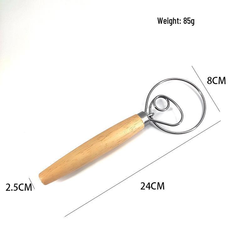 Danish Wooden-Handled Single Coil Dough Mixer: Manual Handheld Baking Tool for Flour Blending