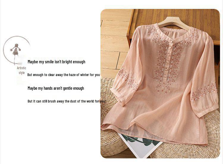 Women's Retro Cotton Five-Sleeve Ethnic Style Round Neck Top - Loose, Slimming Shirt for Spring/Summer