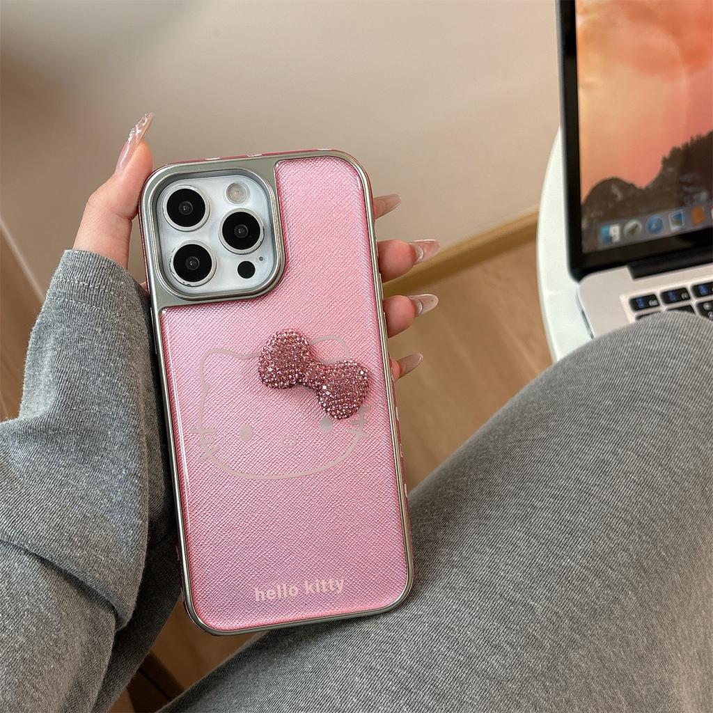 Foundation line Kitty cat for iPhone 16 mobile phone case iPhone15promax three-dimensional flash diamond bow