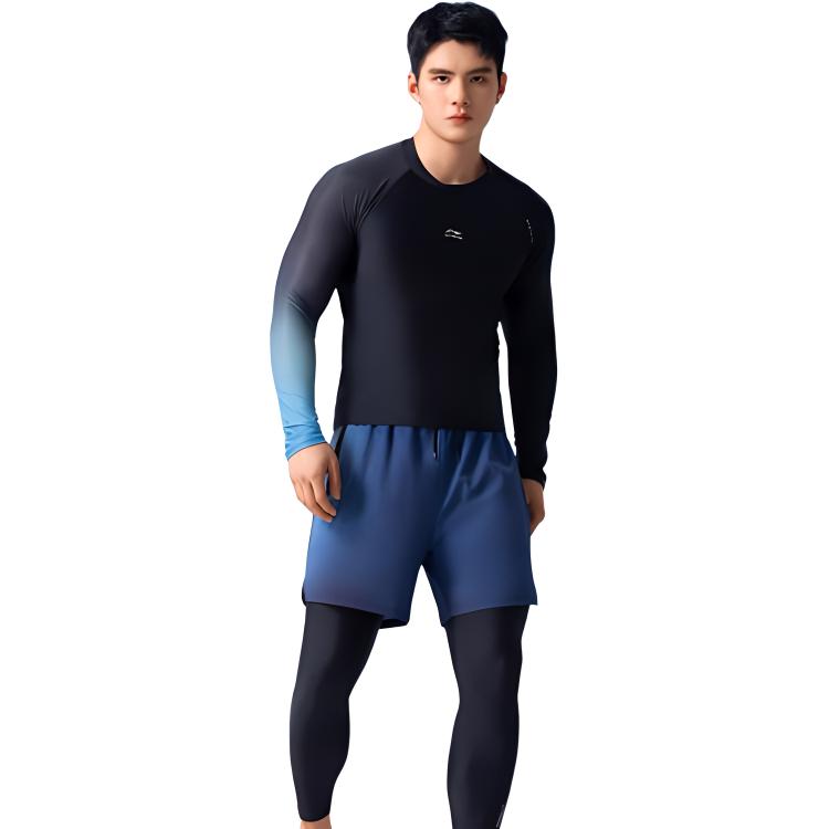Li Ning Gradient Round Neck Long Sleeve Top With Drawstring Fake Two Piece Long Pants Swimsuit Set Men Swimsuit LSYV545-1