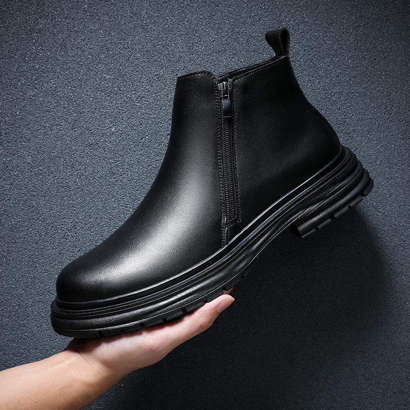 Fashion men casual chelsea boots black stylish platform shoes business office dress cowboy ankle boot genuine leather short botas hombre